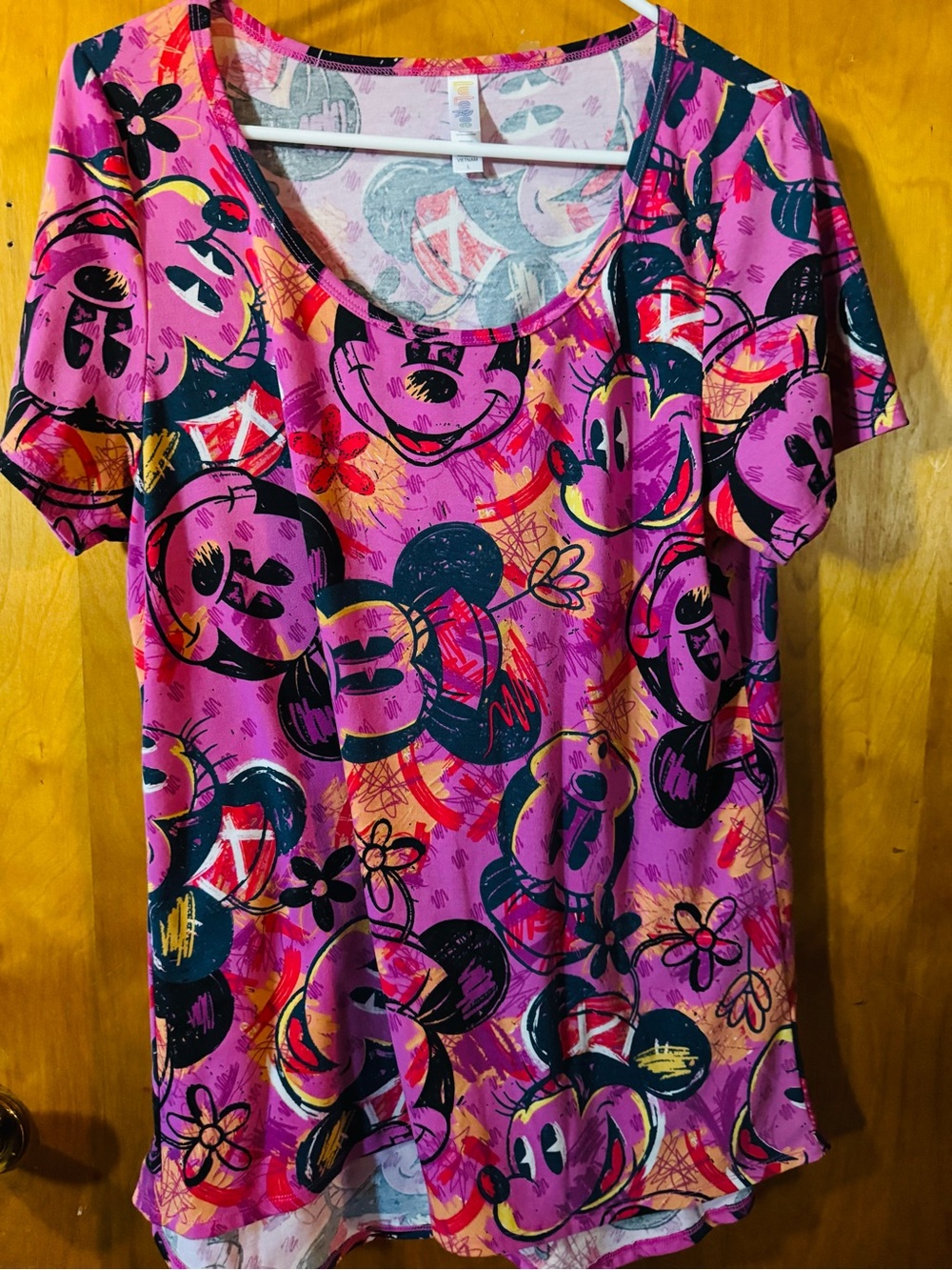 LuLaRoe Pink Short Sleeve Graphic Tee with Navy & Yellow Accents